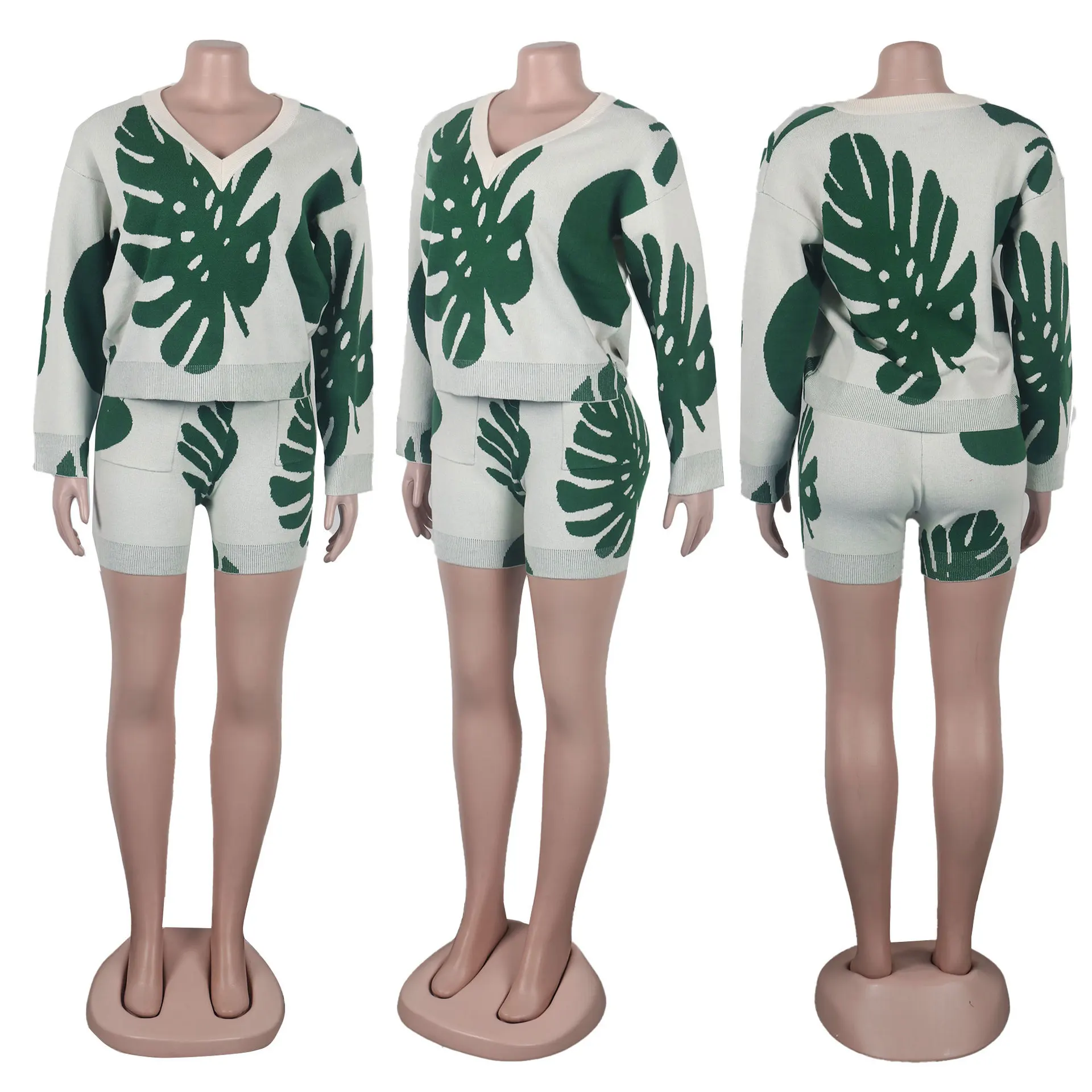 Set Dua Potong Celana Pendek Wanita Set Cocok Lengan Panjang Print Kemeja Sambungan Leher V Set Pendek Pakaian Jalanan Musim Panas Elegan