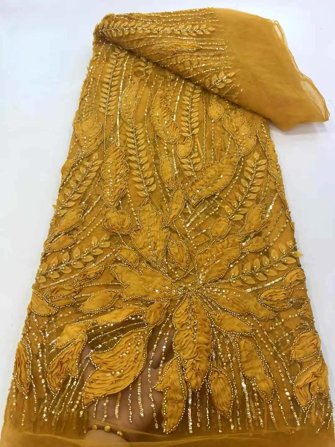 

2025 High Quality 3D African Nigerian Tulle Lace Fabric Sequins Embroidery Lace French Fabric For Wedding Party Dresses Beaded