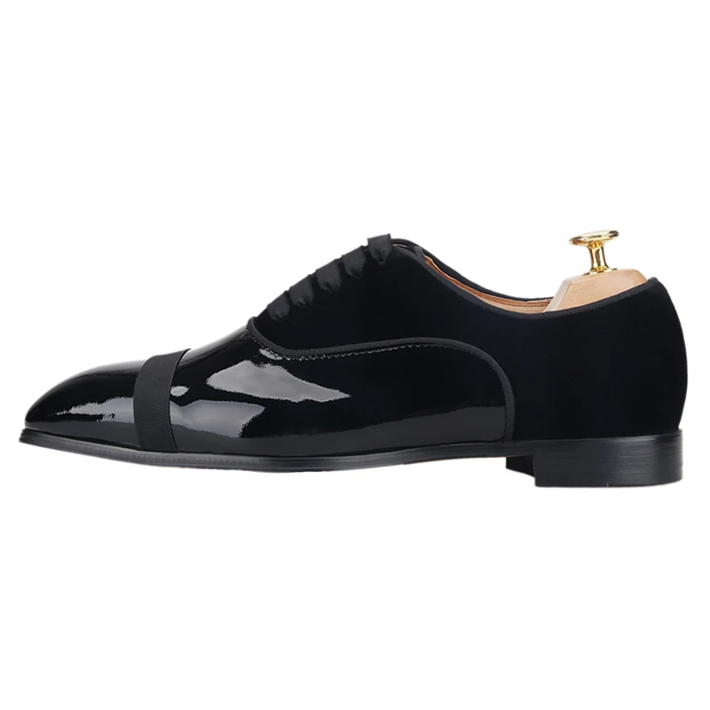 Piergitar Black Patent Leather Stitching Velvet Oxford Shoes For Wedding And Party Handmade Lace-Up Men's Formal Shoes Red Sole
