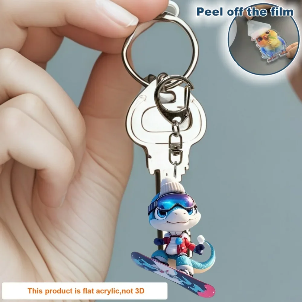 Chic Skiing Blue Lizard Pendant Keychain,Cartoon Animal-Design Flat 2D Acrylic Hanging Charm,for Backpack,Bag,Festive,Gift&Decor