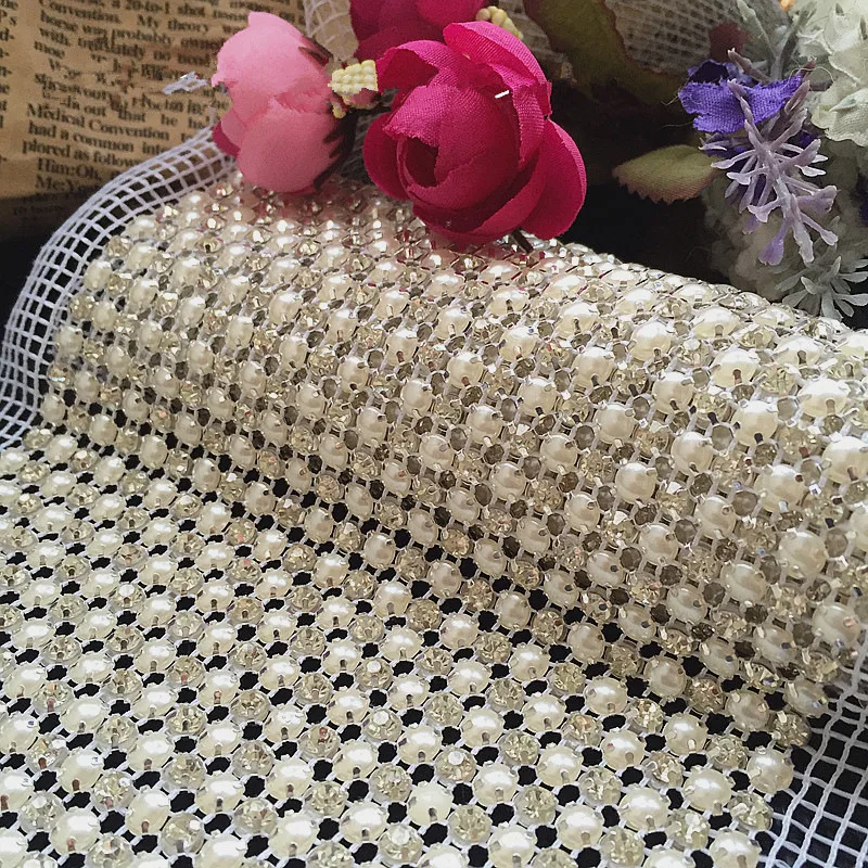 

1yard 24row Pearl Rhinestone Bendable Mesh Wrap Roll Chain Trim For Wedding Party Sewing Apperal Bag Shoes Cap Decoration