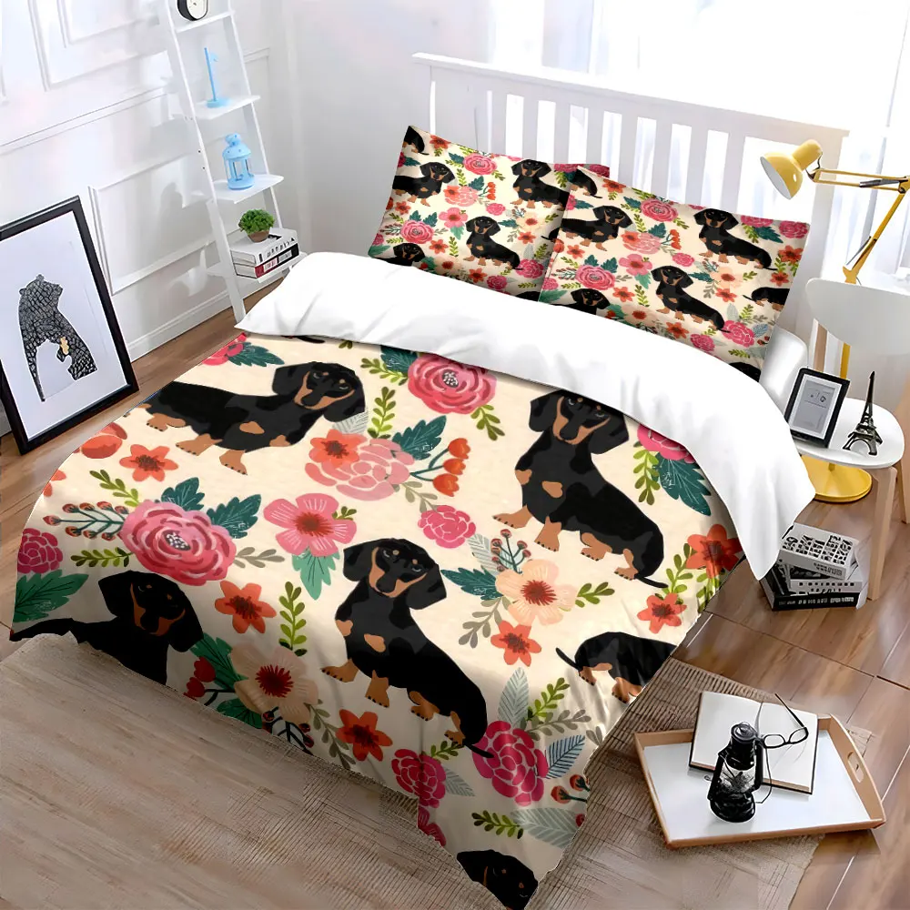 Dachshund-Blumenmuster Bettwäsche-Set, geeignet für Heimdekoration, als Geschenk. Exquisites 3-teiliges Bettwäsche-Set als Geschenk für Kinder und Erwachsene.