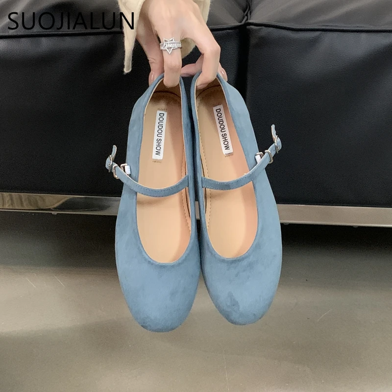 SUOJIALUN Autumn Women Flat Shoes Fashion Candy Color Ladies Round Toe Mary Jane Shoes Soft Sole Shallow Slip On Ballerinas Shoe