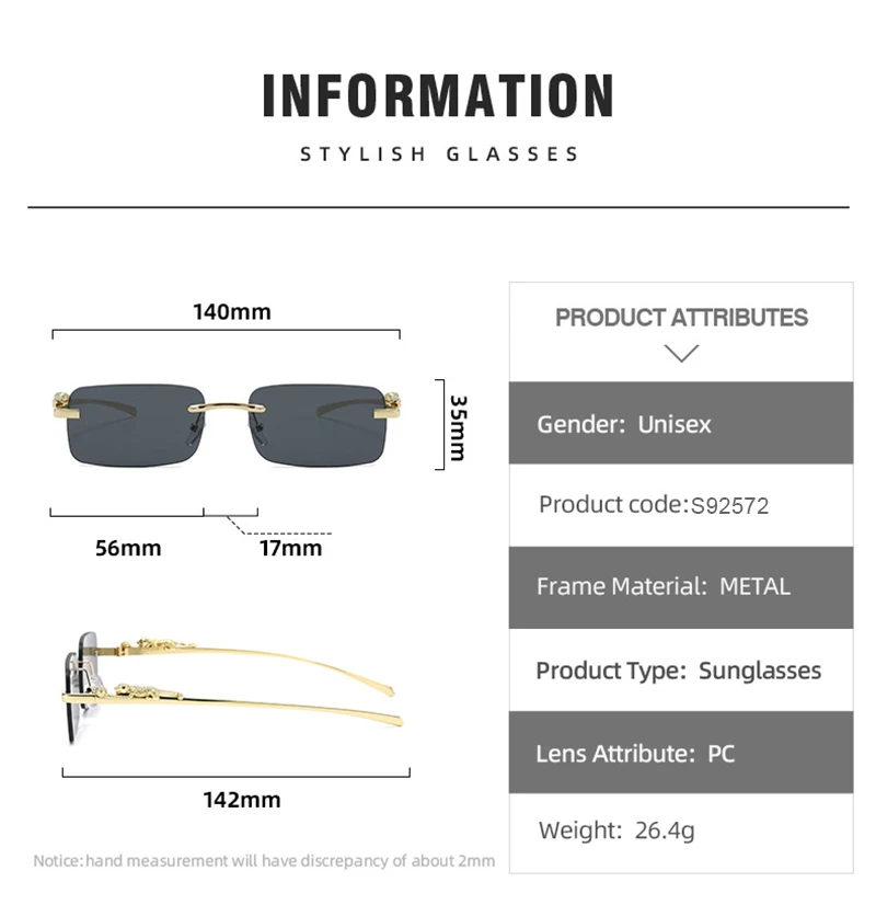 Klassische randlose Sonnenbrille für Herren und Damen, modisch, Leoparden-Dekoration, kleine Sonnenbrille, stilvoll, rahmenlos, zum Fahren, Reisen – Detail 6