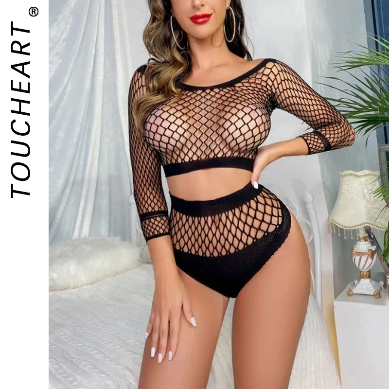 

Toucheart Sexy Lingerie Set Feminine Hollow See-through Two-piece Set Women's Underwear Solid Color Long Sleeves Mesh Underwear