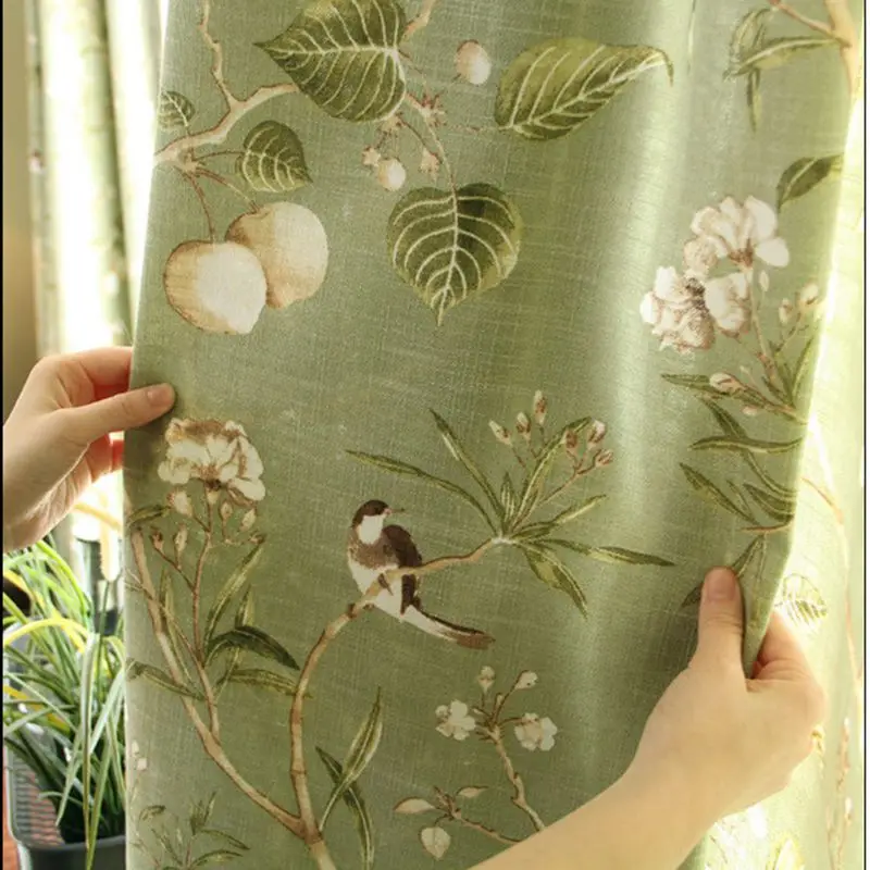 American Country Garden Cotton Linen Green Window Curtains For Living Room Birds Printed Bedroom Window Blackout Drapes WP145-40