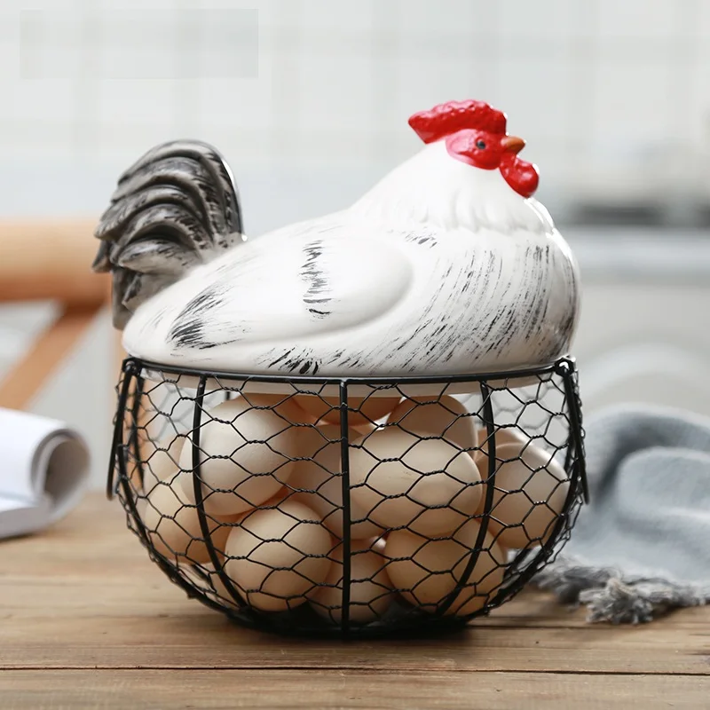 Ceramic Egg Holder Chicken Wire Egg Basket Fruit Basket Collection Ceramic Hen Oraments Decoration Kitchen Storage 19CMX22CM