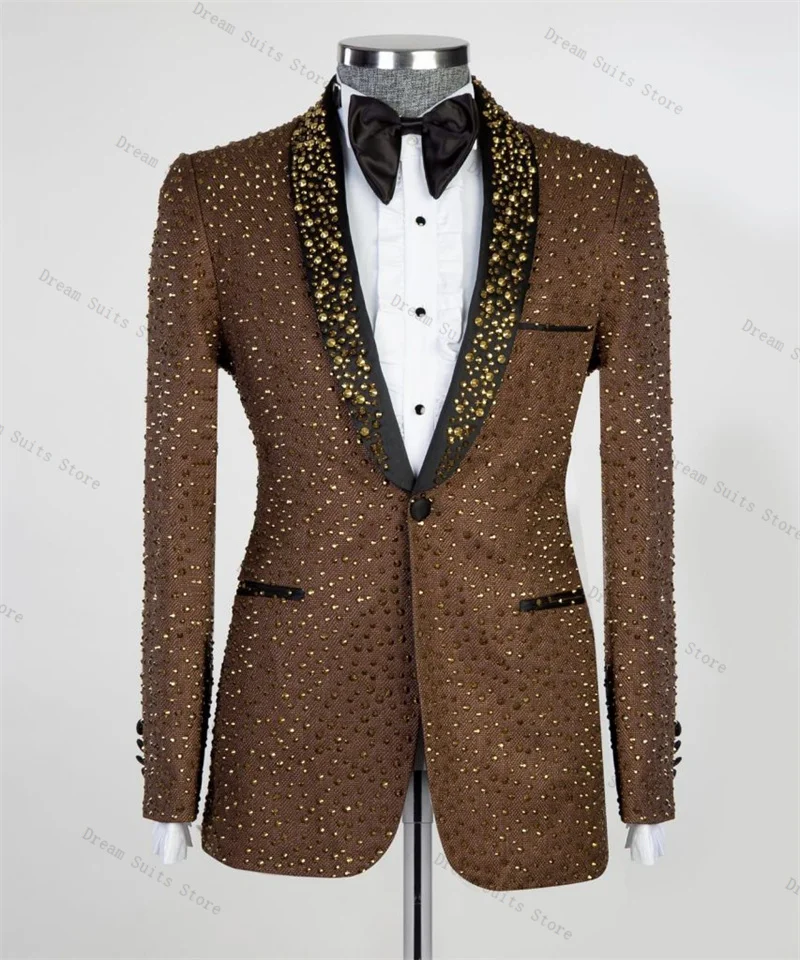 

Luxury Crystal Stone Men Suit Set 2 Piece Brown Blazer+Black Pants Trousers Customized Formal Office Jacket Wedding Tuxedos Coat