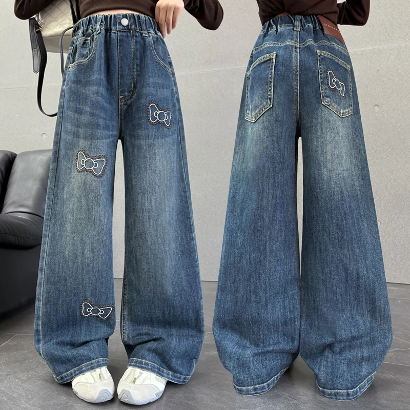 

Street Style Teen Girl's Baggy Jeans with Embroidered Bow School Kids Child Fashion Bowknot Embroidery Wide Leg Denim Pants