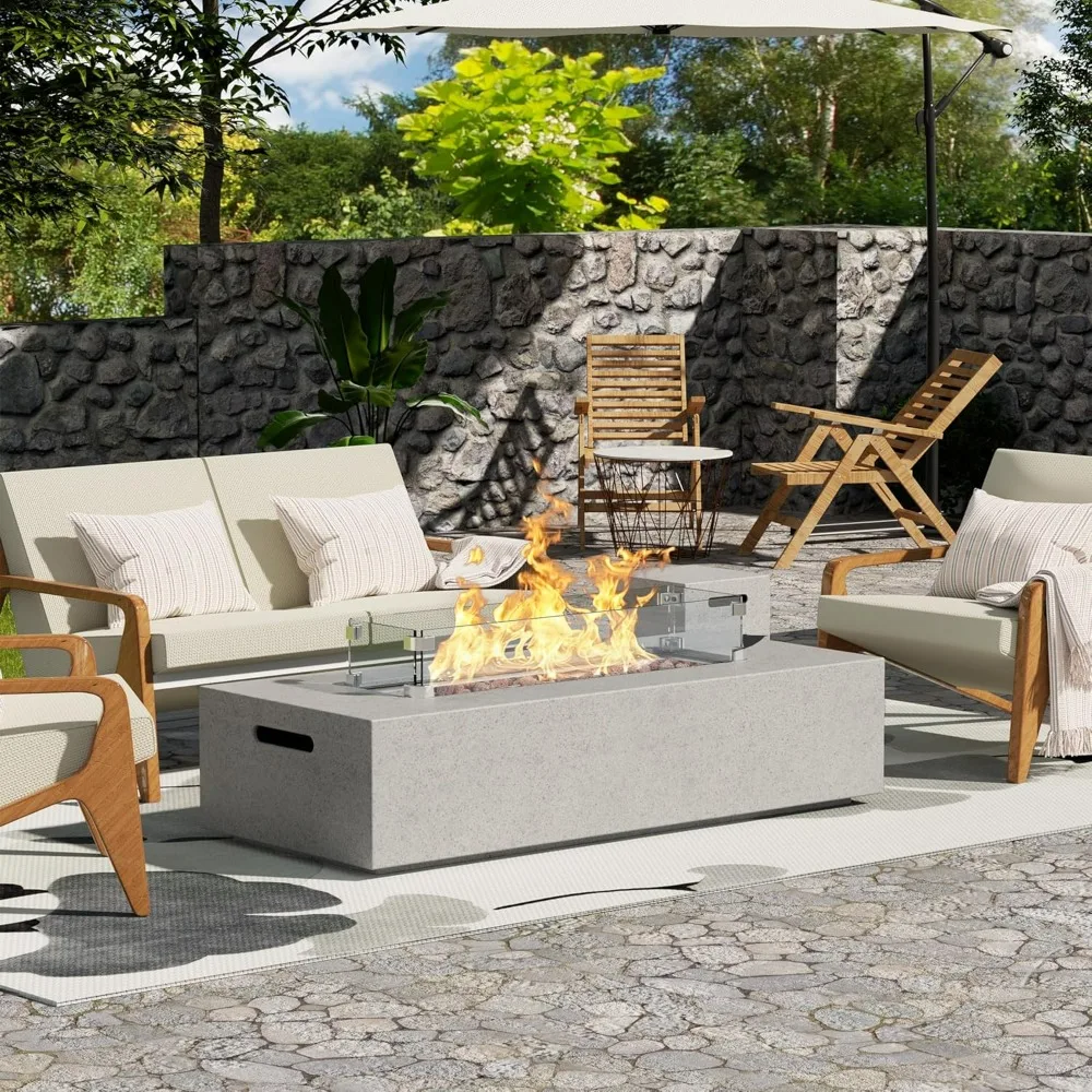 56 Inch Propane Fire Pit Table, Tank Table (50,000 BTU), 3 Piece Gas Fire Pit w Glass Wind Guard & Lava Rocks for Garden