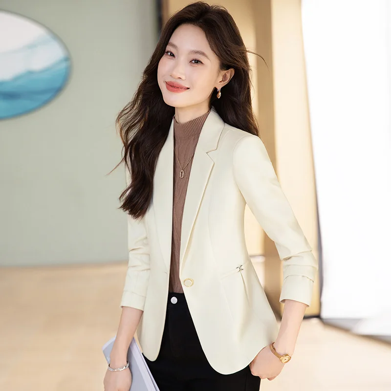 Office Ladies Blazer Women Jacket Apricot Fuchsia Black Long Sleeve Single Button Female Business Work Wear Slim Formal Coat
