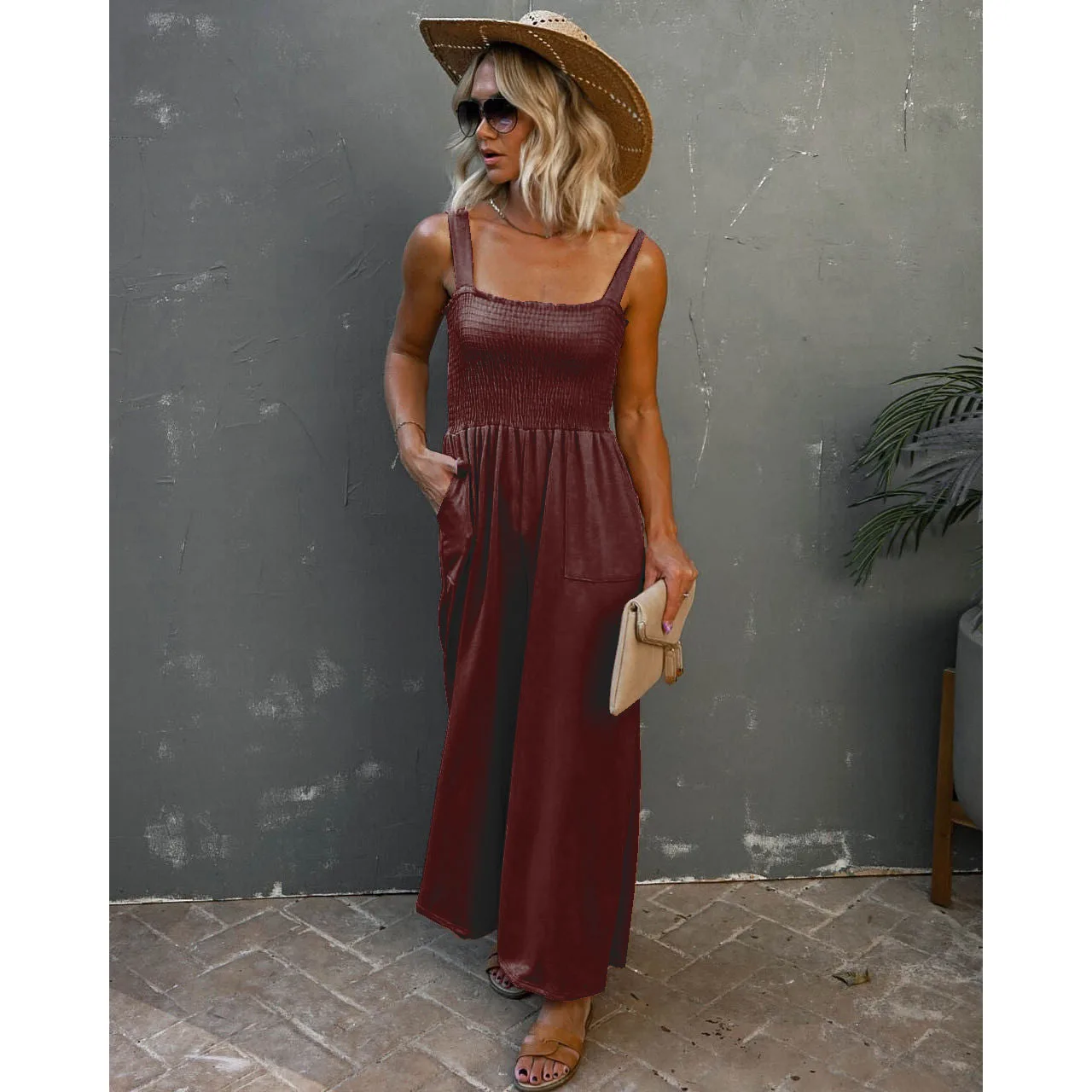 Feminino novo casual bolso solto perna larga calças gerais macacão férias multi-cor cinta sem mangas