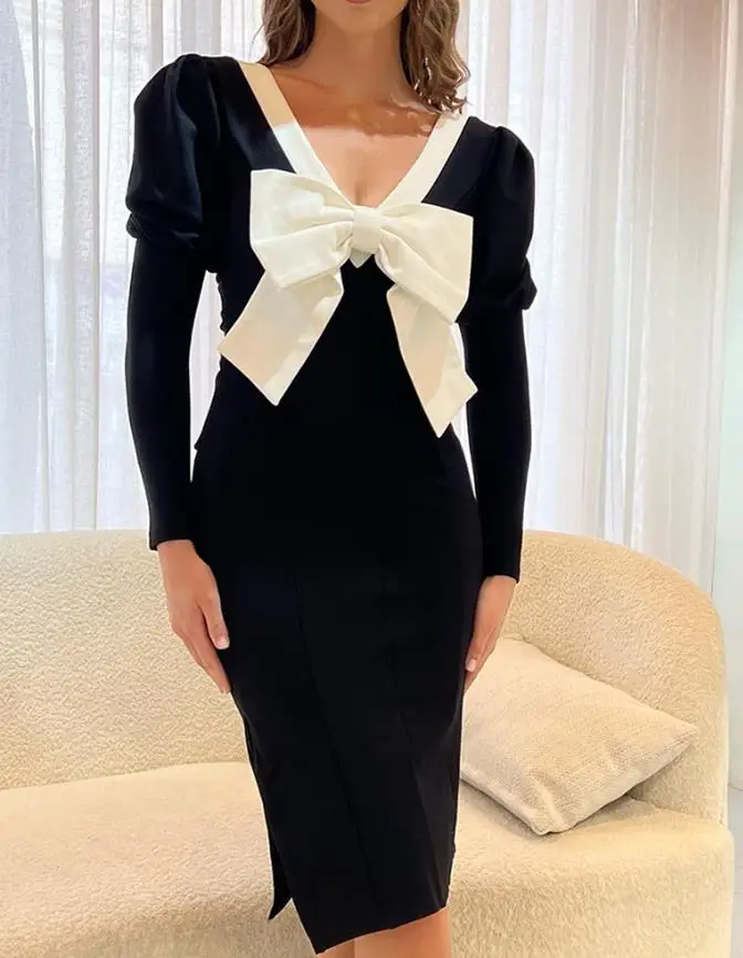 

Womens Dresses Autumn and Winter Contrast Paneled Bowknot Decor Gigot Sleeve Bodycon Dress Elegant Two-Way Wear Midi Dress