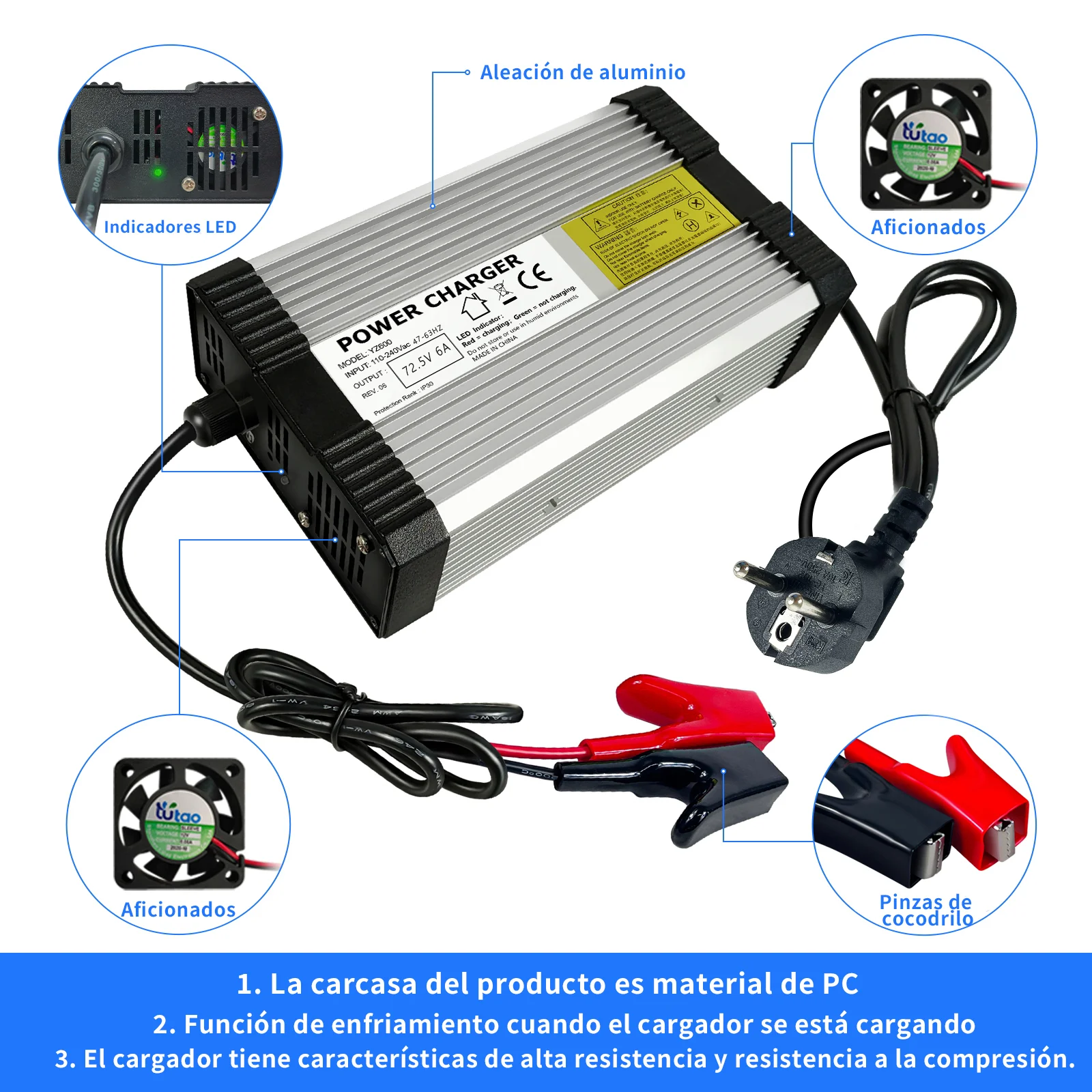 YZPOWER 72.5V 6A  Lithium Battery Charger Fast Charging For 64.8V Universal E-tool High Quality With Cooling Fans with Outplug