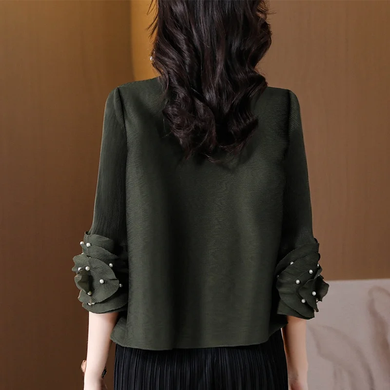 ハイエンドプリーツフレアスリーブラウンドネックルーズファッションTシャツレディースビーズカジュアルトップポリエステル春夏新作