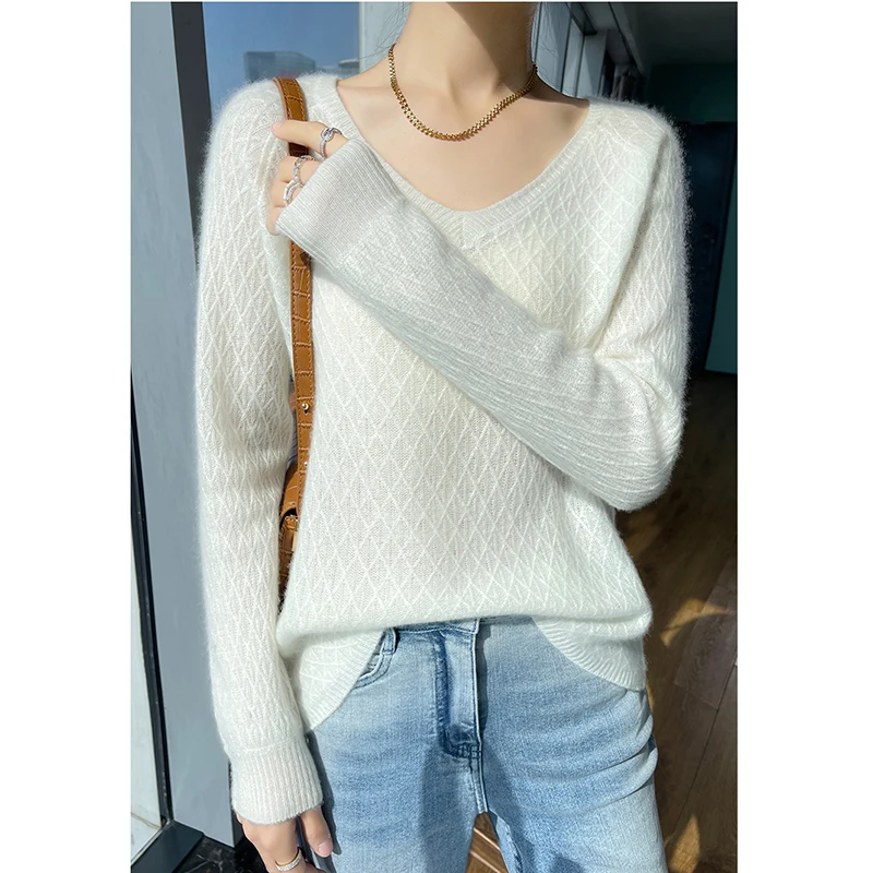 V-Neck Cashmere Sweater for Female, Diamond Twist, 100% Pure Cashmere, Hollow Crochet Sweater, Long Sleeve, Loose Wool Knit Bott