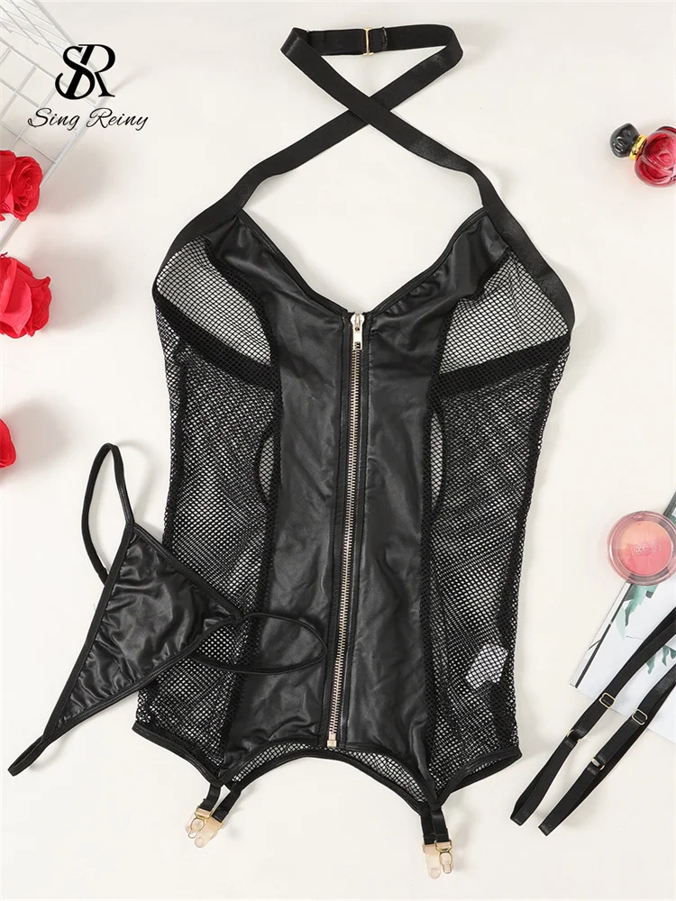 

SINGREINY Zipper Corset Women Erotic Night Dress Sets Mesh Spliced Leather Sheath Nightwear Cross Halter Female Sexy Pajamas