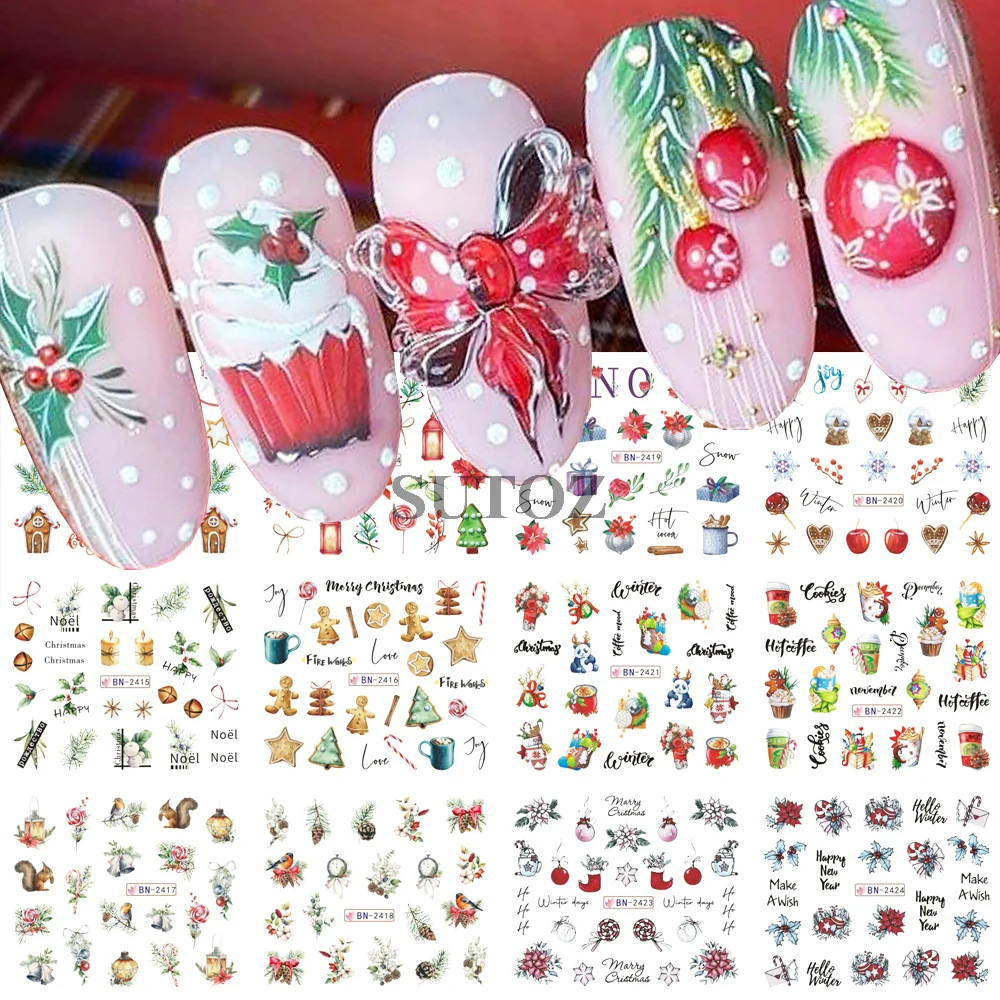 12pcs Weihnachten Nail Art Aufkleber Winter Dekoration Transfer Aufkleber Weihnachts bäume Tiere Geschenk Maniküre Wraps LEBBN2413-2424