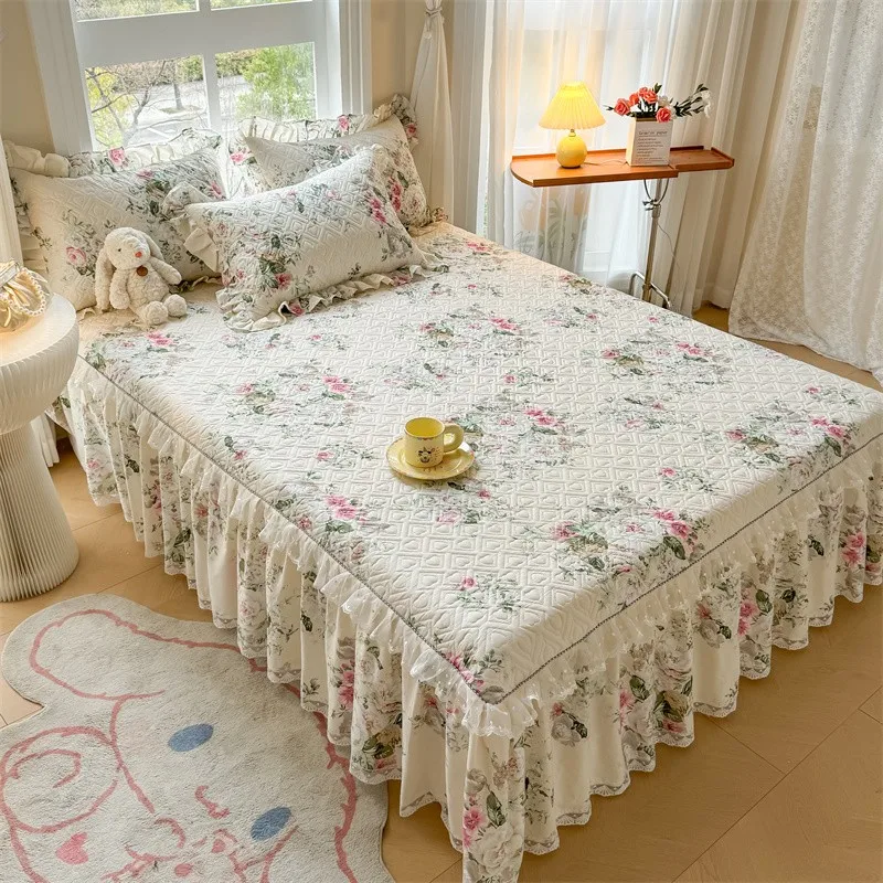 100%Cotton King Queen Bed Skirt Ruffle Cotton Quilted 18Inch Bed Skirt Thick Quilted Bed Cover Dustproof Bed Skirts 2Pillowcases