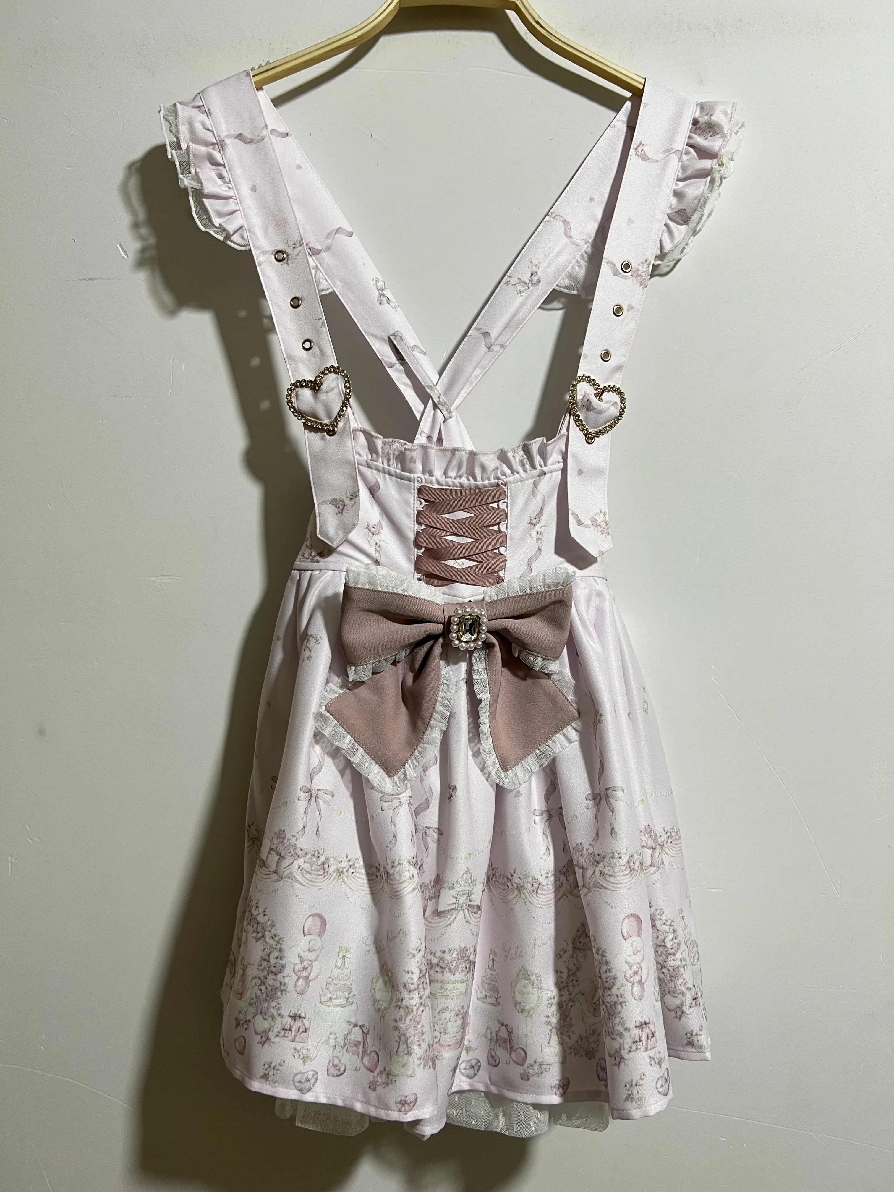 

A-line Pullovers Streetwear All-match Strap Dress Japan Lace Up Diamond Bow Vestidos Slim Waist Detachable Print Lovely Dresses