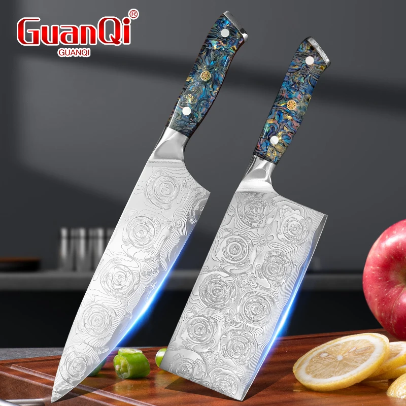 Haushaltsmesser-Set (1-2 Stück) zum Schneiden von Fleisch und Gemüse, mit geätzter Blume auf der Klinge, Kunstharzgriff, Kochmesser, Hackmesser