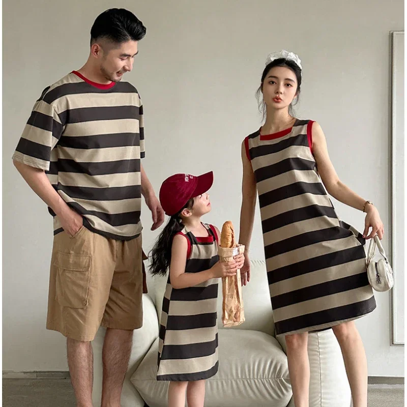 2025 Girls Striped T-Shirt Dress Two-Piece Outfit Mom Daughter Color Block Dress Boy Vacation ClothesSummer Family Matching Set