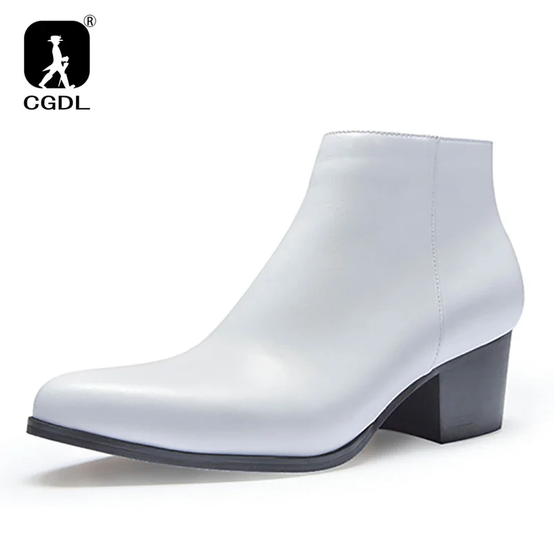 6 Cm High Heels Men\'s Ankle Boots Luxury Genuine Leather 2024 Winter Warm Black White Wedding Party Social Boots Man Dress Shoes