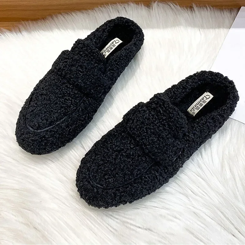 Women Fluffy Slippers Winter Warm Plush Mules One Fur Slippers Cozy Cotton Shoes Cashmere Femme Curly Sheep Flats Half Shoes