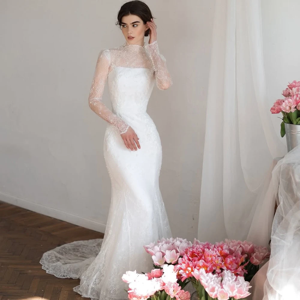 

Arabic Wedding Dresses Lace High Neck Customized Long Sleeves Muslim Bridal Gown Mermaid White Bride Party Dress robe de mariée