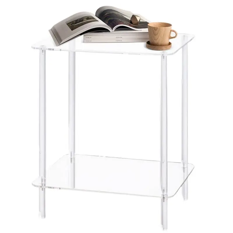 Acrylic Drink Table 2-tier Clear Transparent Square End Table For Modern Living Room Side Table For Drinks Snacks Phones Coffee