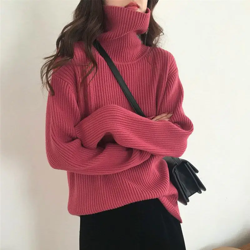 Frauen Einfarbig High Neck Pullover Herbst Winter Mode Einfache Gestrickte Top Koreanische Beiläufige Lose Grundlegende Pullover Tops