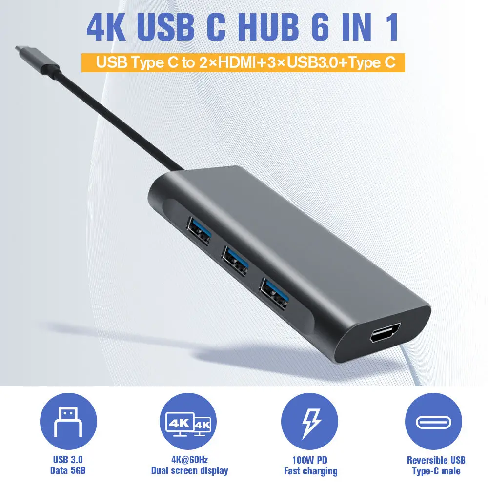 6 in 1 USB-C Hub Docking Station 3*USB3.0 5Gbps 2*HDMI-compatible 8K@30HZ UHD Video Type-C PD 100W Fast Charging Support 5Gbps