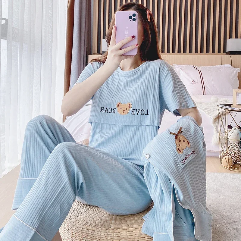 100% Cotton Maternity Nursing Sleepwear Sets 3PCS Spring Autumn Feeding Shirt Belly Pants Suits Pregnancy Home Lounge Sleep Wear