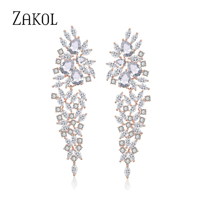 ZAKOL Vintage Luxury Teardrop Zircon Drop Earrings for Women Bling Leaf Crystal Earring Wedding Party Fashion Jewelry