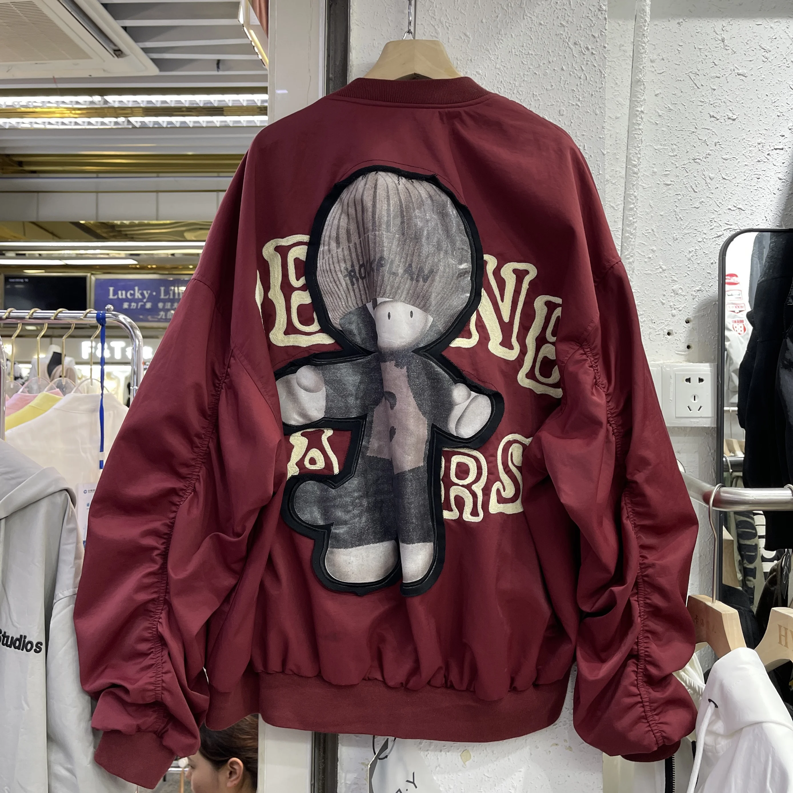 American Street Loose Baseball Uniform Mid-long Cute Bear Embroidery Bomber Jacket Stand Collar Zip Cardigans Coat All-match