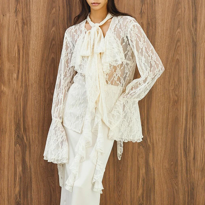 

Linad Sexy Beige Sheer Embroidery Blouse Woman Elegant Ruffles Flare Sleeve Tops Female Summer Casual Lace Shirts 2025 Autumn