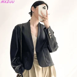 Autumn Real Leather Vintage Small Suit Coat Women First Layer Sheepskin V-neck Jackets Korean Fashion Cuero Genuino Ropa Mujer