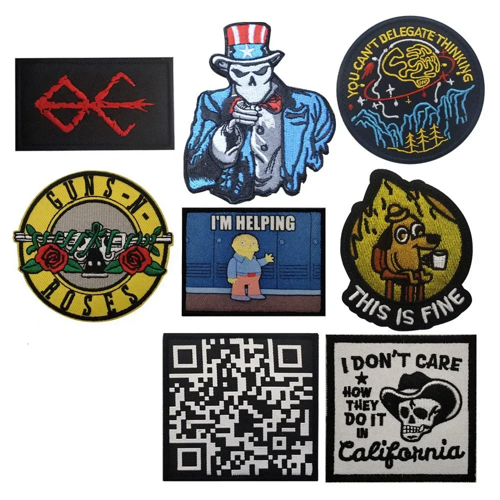 

Oracle Bone Script Patch GUNS ROSES Rose Cloth Stickers THIS IS FINE QR Code Embroidered Badge Hook and Loop Patches for Clothes