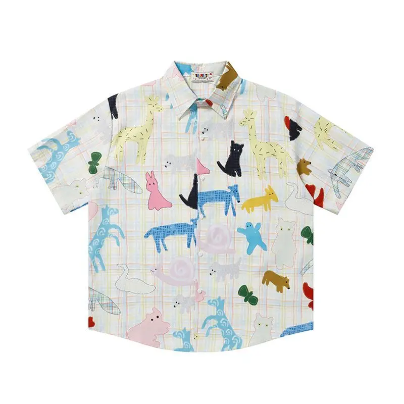 

Cartoon Animal Patchwork Print Short Sleeve Button-Down Shirt Aesthetic Casual & Playful Style Japanese Harajuku Preppy Style