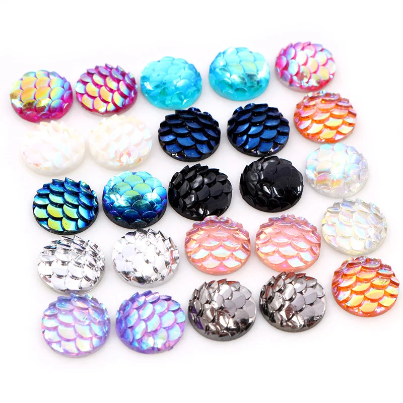 New Fashion 40pcs 10mm Mix Color Fish scales Style Flat Back Resin Cabochons Cameo