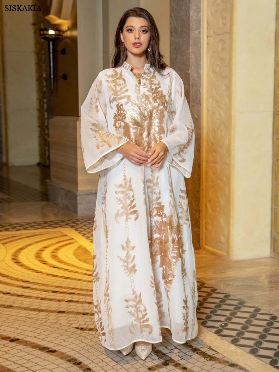 Muslim Party Evening Gown Dress for Women Chic Sequins Gold Thread Embroider Notched Stand Collar Long Sleeve Moroccan Caftan