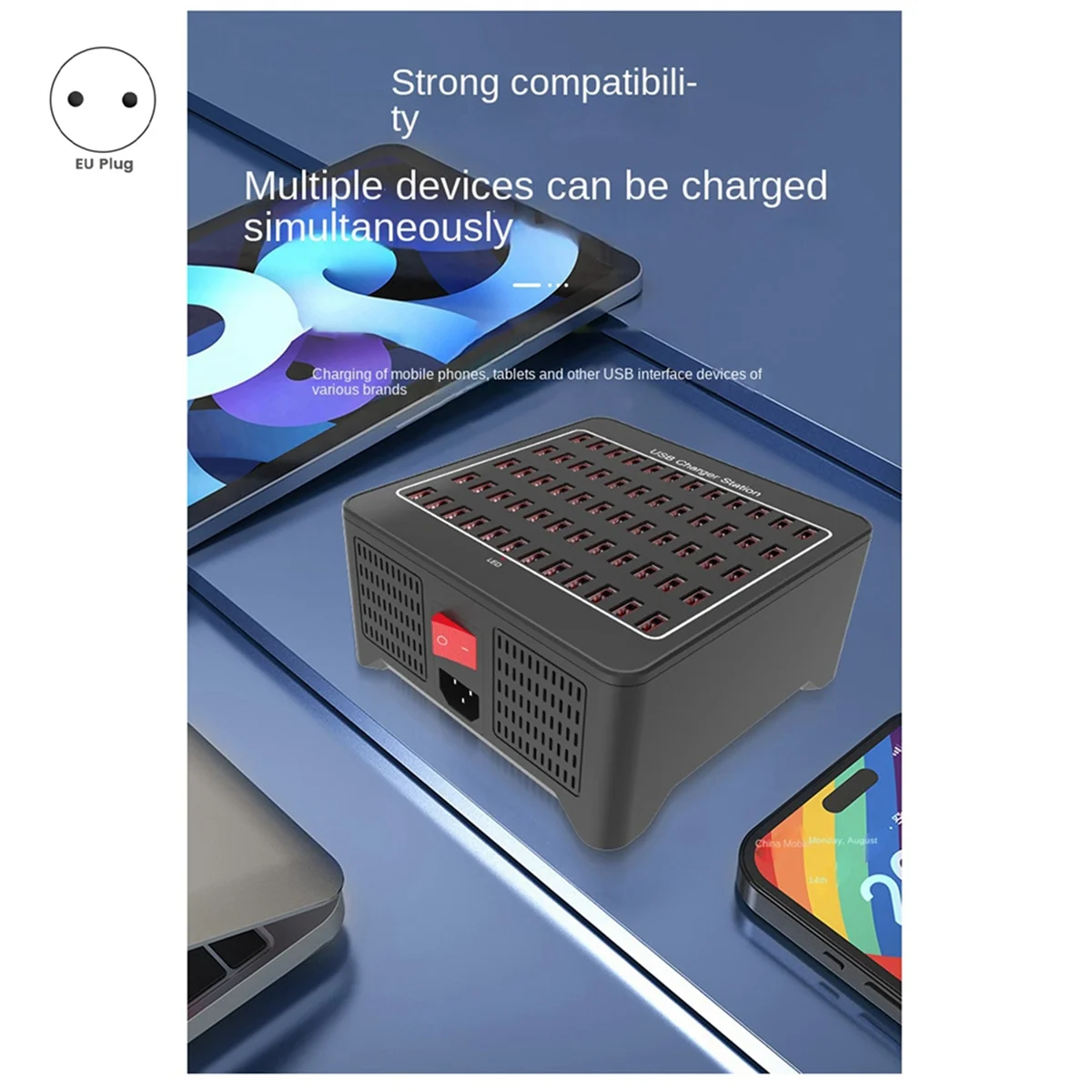 

300W 60 Multi-Port USB Charging Station Base Socket Multiple USB Charger Hub Adapter for Computer Phone Camera EU-Plug