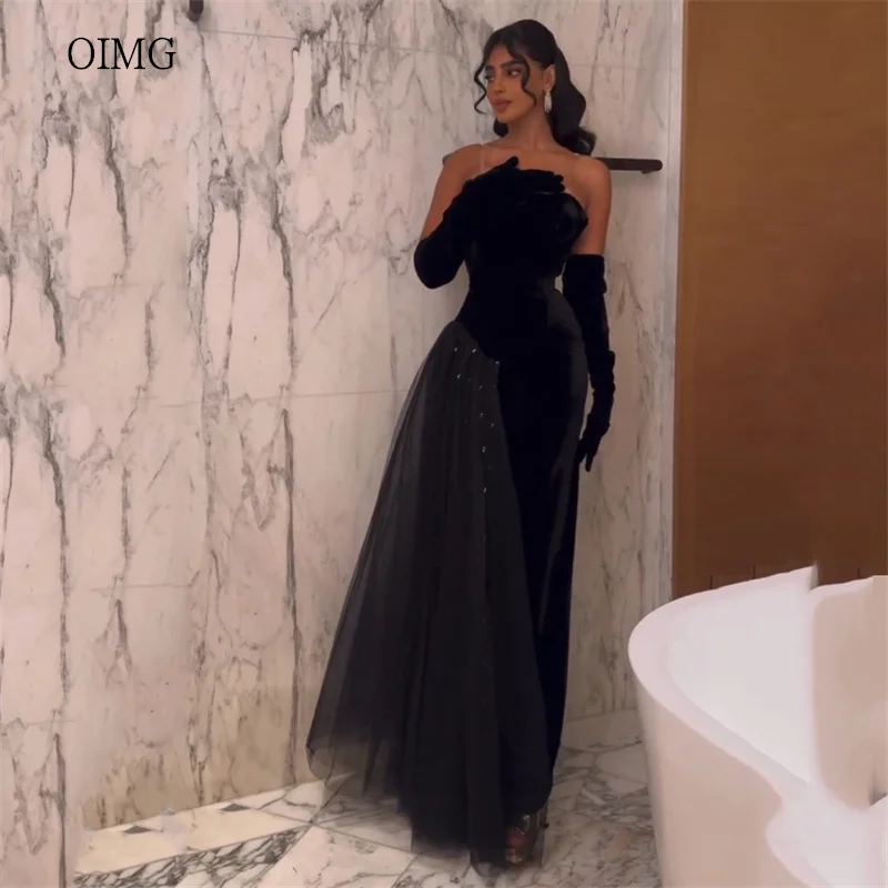 

OIMG Elegant Black Strapless Mermaid Prom Gowns Velvet Backless Beaded Party Gown Floor Length Winter Evening Dress Customized