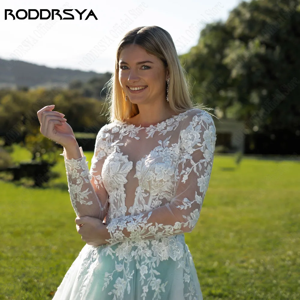 RODRSYA Luxo Renda Vestido de Casamento Vestidos Mangas Longas Decote ColheRODDRSYA Luxo Lace Vestido De Noiva Vestidos Mangas Compridas Scoop Neck Backless A-Line Applique Vestido De Noiva Custom Made Vestido De Noiva