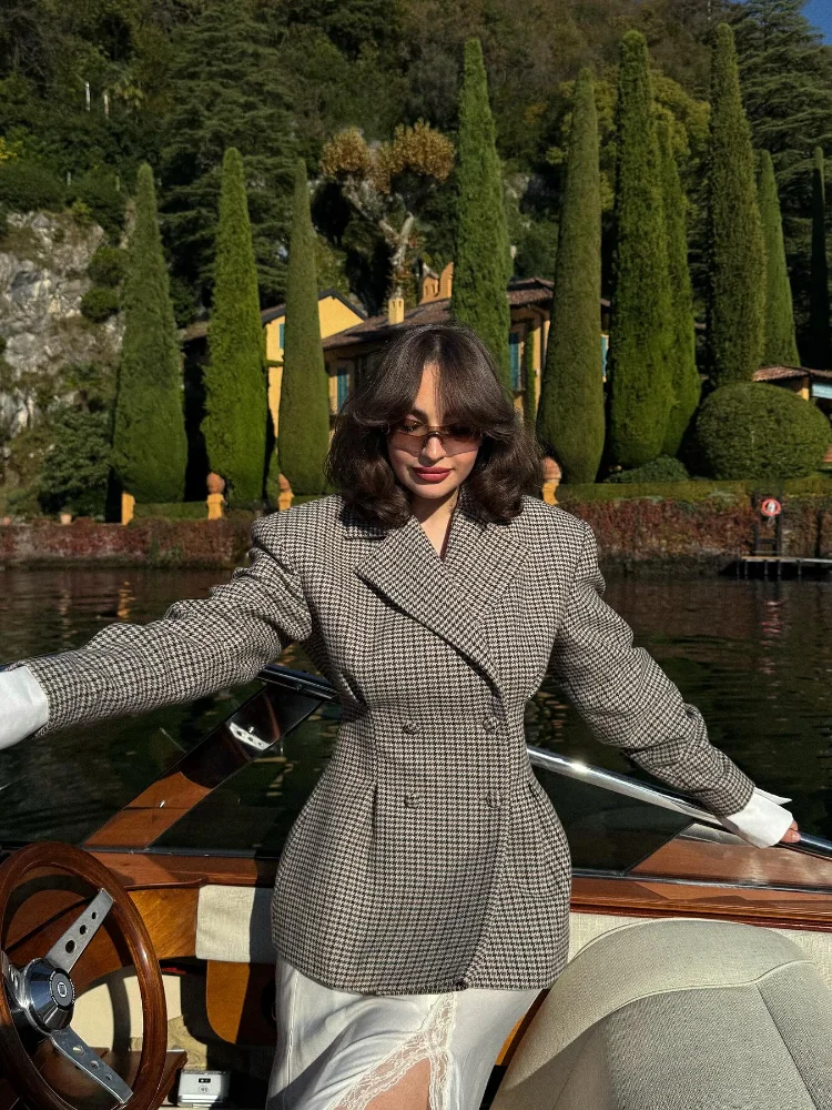 Blazer imprimé à carreaux vintage pour femmes, veste élégante, double boutonnage, poches, manteau rétro, taille haute, Streetwear, 2025