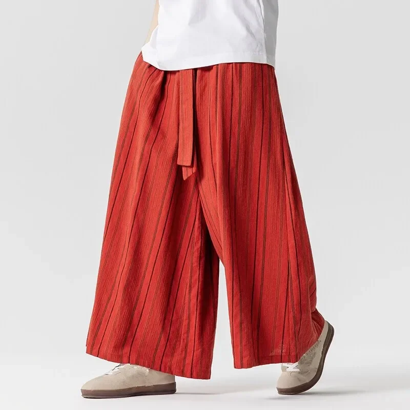 Summer Striped Wide Leg Pants Men Lightweight Drawstring Loose Casual Pants Man Hip Hop Streetwear Straight Full Length Trousers