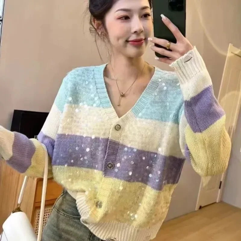 Sequins Striped Sweater All Match Long Sleeved V Neck Cardigan Fashion Women Chic Clothes Casual Tops Female Korean Style Tee