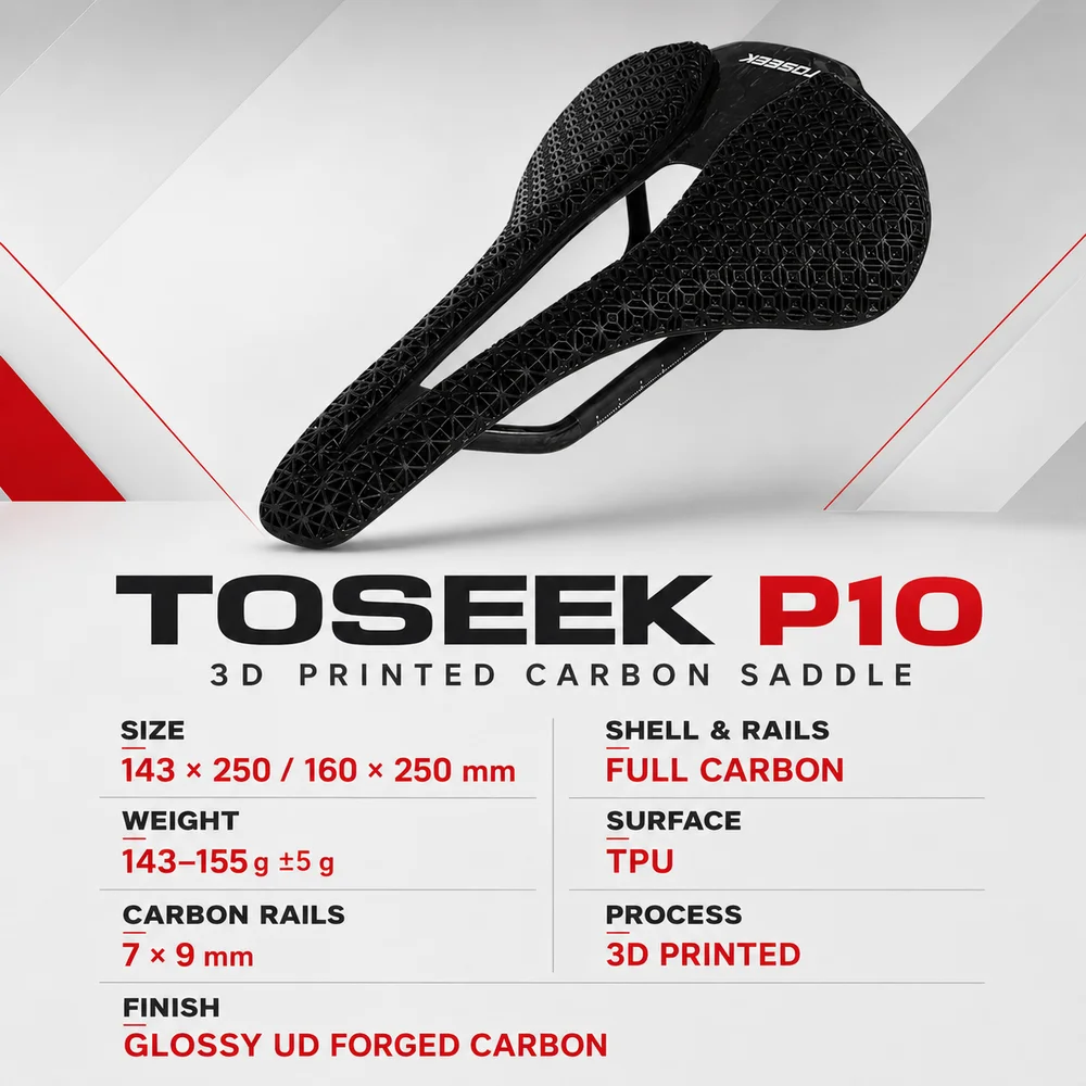 TOSEEK P10 3D Printed Full Carbon Bicycle Saddle 143/160mm TPU Honeycomb Cushion 7x9mm Rails Lightweight Road MTB Seat