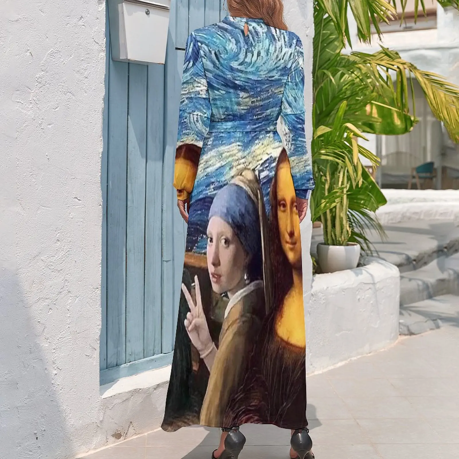 Van Gogh Dress Mona Lisa Girl with A Pearl Earring Street Style Bohemia Dresses Female Long-Sleeve High Waist Long Maxi Dress