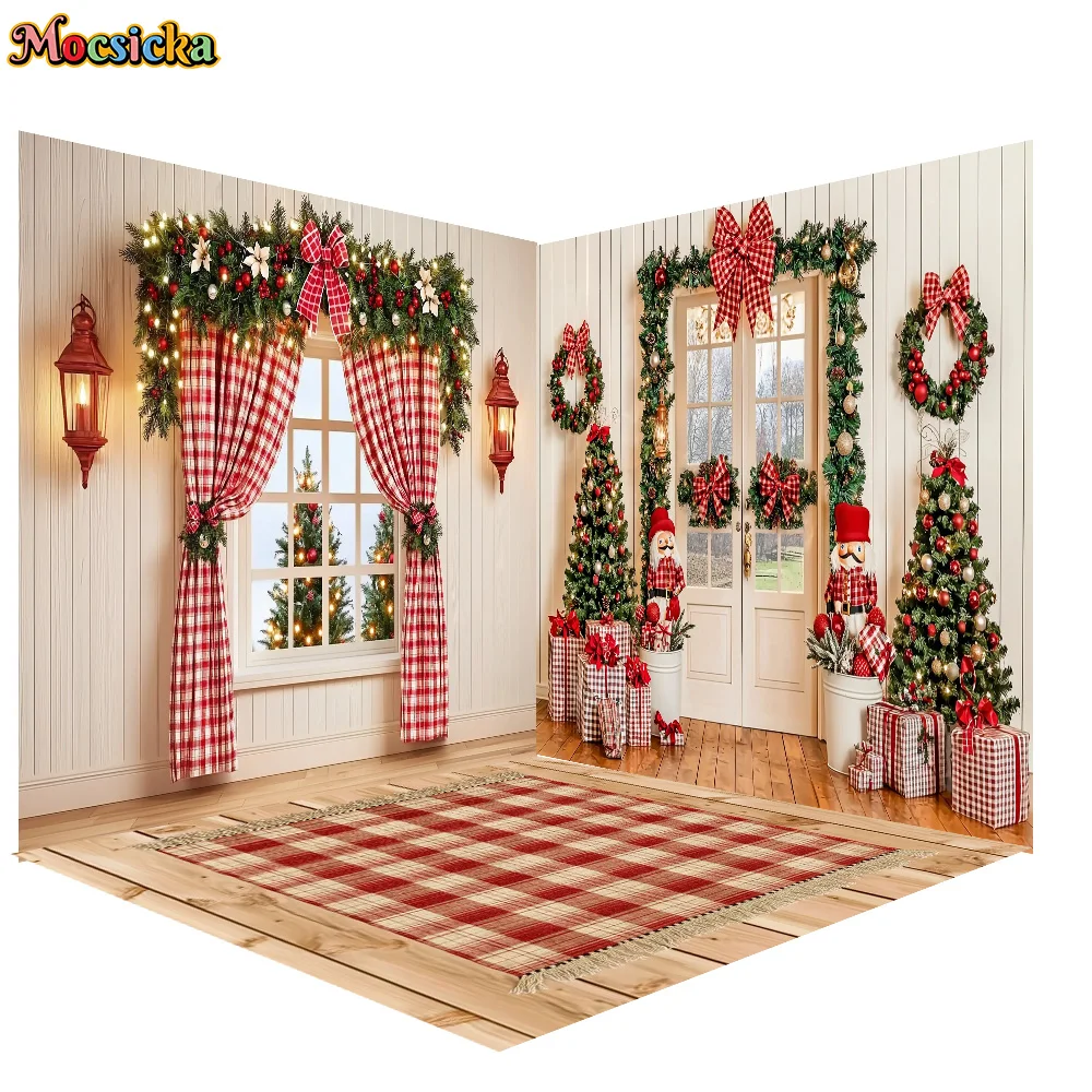 Mocsicka Photography Backdrop Christmas Red Curtains 3D Room Decoration Family Xmas Holiday Portrait Backgrounds For Photographs
